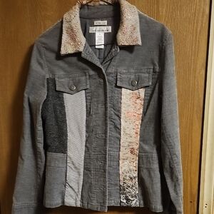 Jones New York Gray and Pink Patchwork Jean Jacket